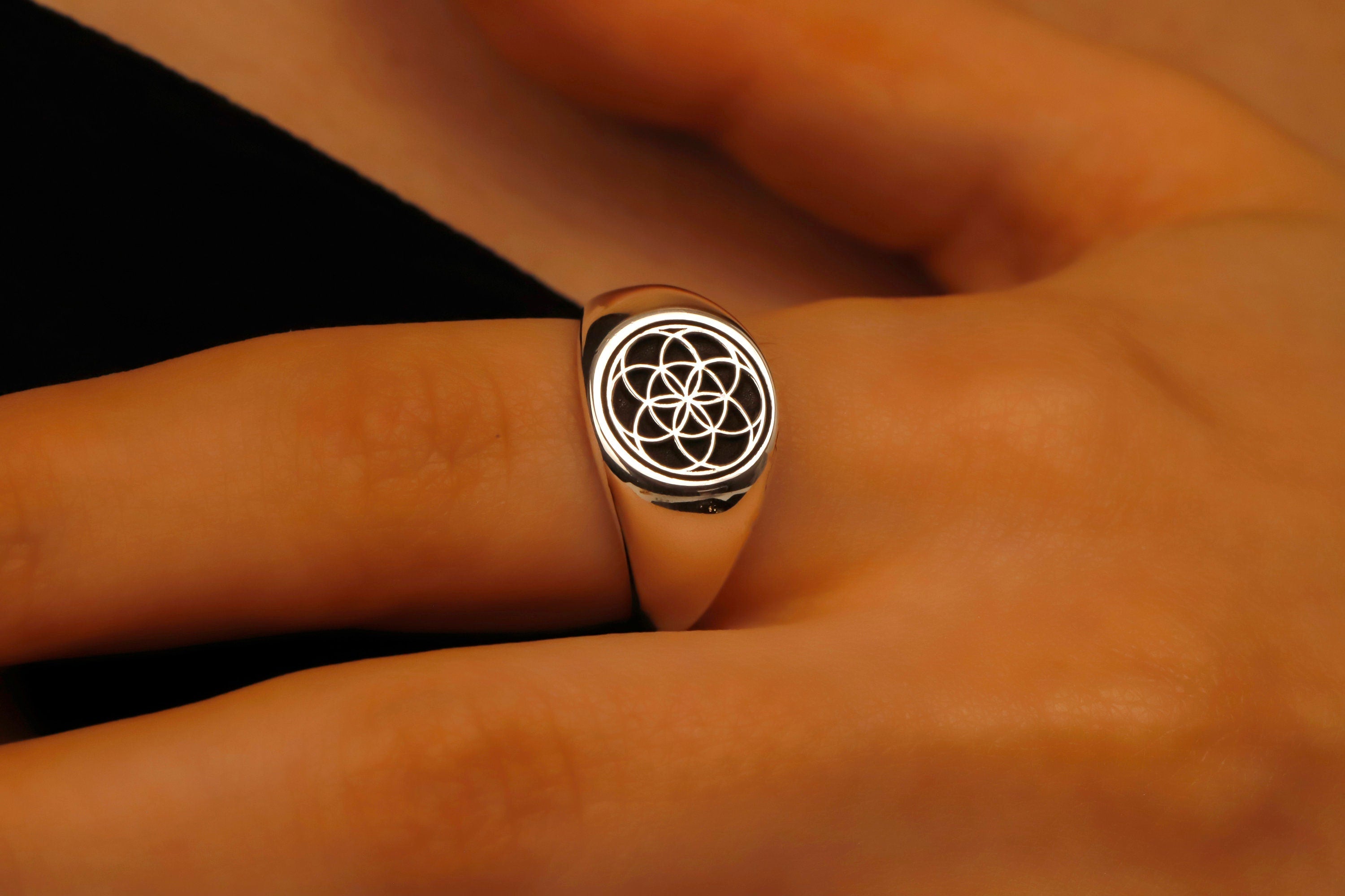 14K Gold Flower of Life Signet Ring - Stunning Sterling Silver Jewelry