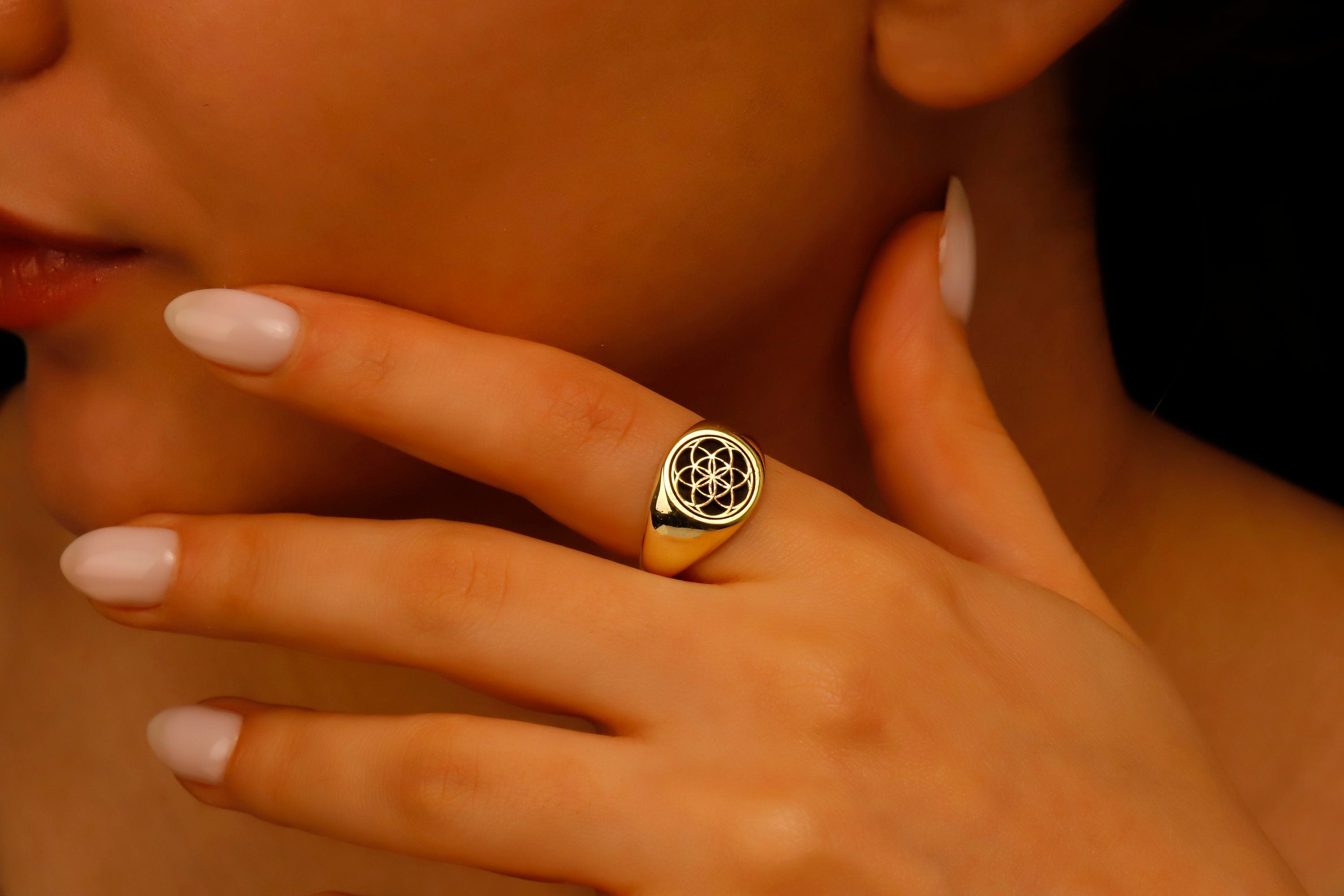 14K Gold Flower of Life Signet Ring - Stunning Sterling Silver Jewelry